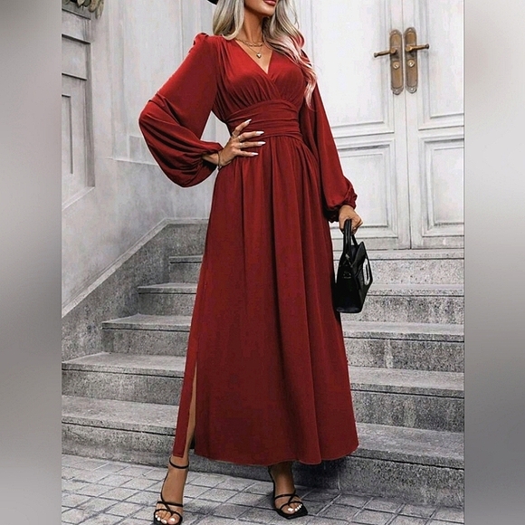 NEW Chic Ruched Waist Lantern Sleeve Maxi Dress Burgundy Red - Picture 1 of 9